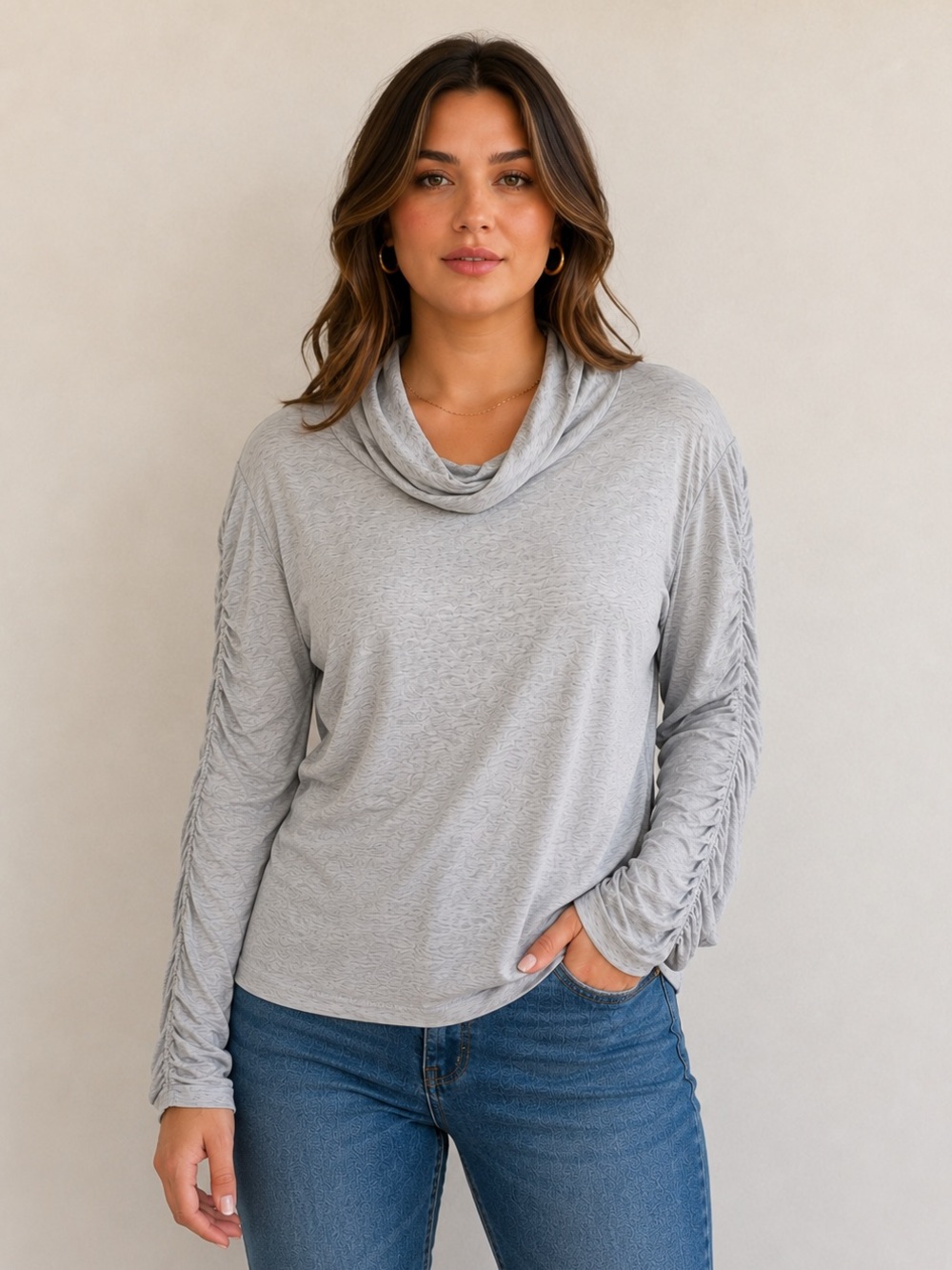 Halogen Light Gray Draped Cowl Neck Long Sleeve Lightweight Top